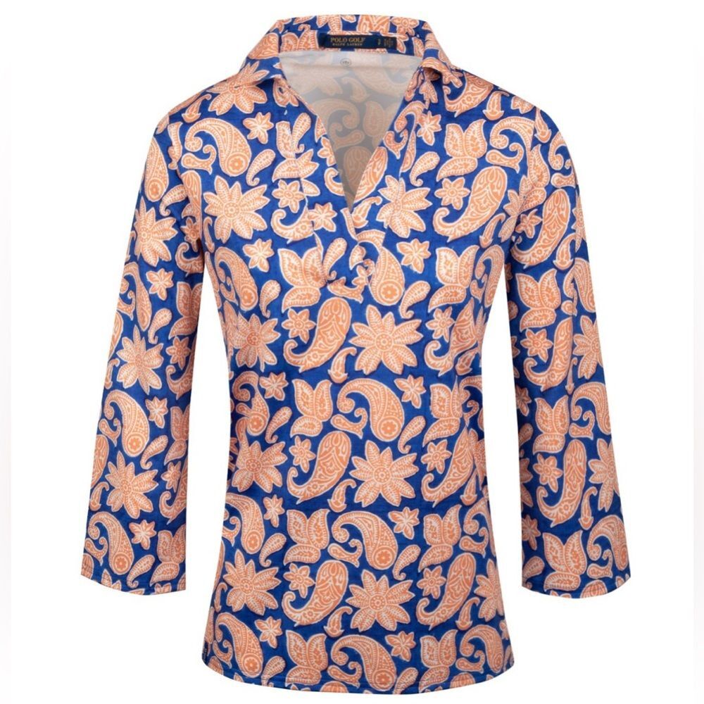 Ralph Lauren POLO GOLF Paisley Print Performance Top in Blue/Orange size Small